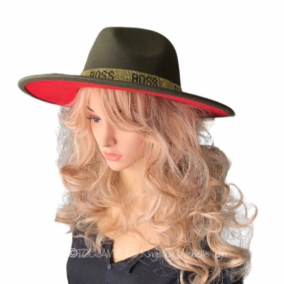HAT Red Underside Brim/Gold Sparkle BOSS Band Olive Hat 2 Color Hat Fedora - Picture 1 of 7